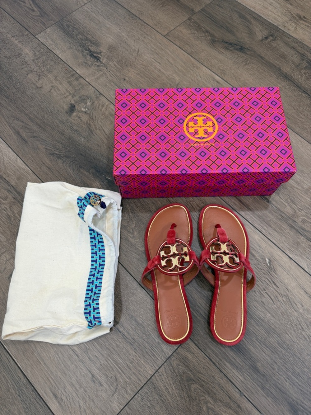Tory Burch Red Leather Miller Thong Sandals with Gold Logo